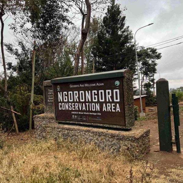 Ngorongoro sign in Tanzania. Arriving into Zanzibar