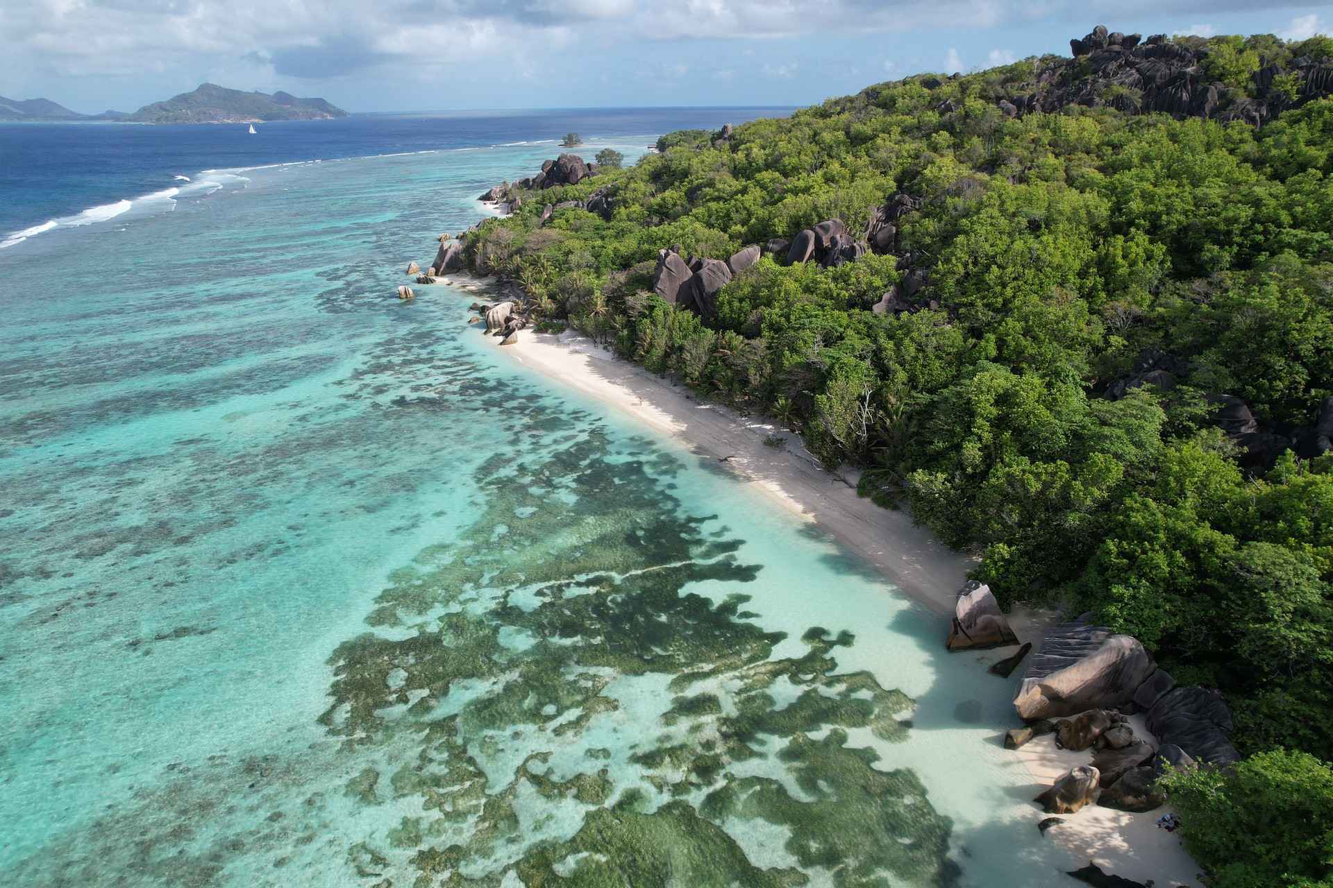 Aerial view of beach in Anse Source D_Argent, Seychelles. The best beach in the World & rip drone