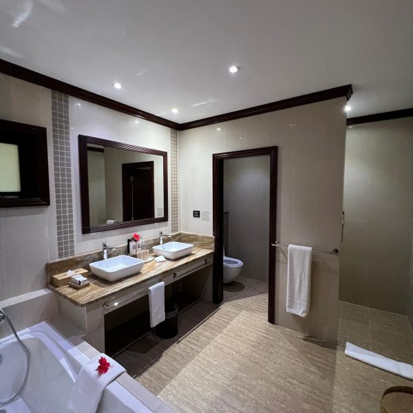 Bathroom accommodations at Hotel L’archipel in Seychelles. Seychelles, Vallée De Mai and Anse Lazio