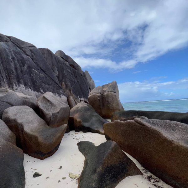 Boulders at beach in Anse Source D_Argent, Seychelles. The best beach in the World & rip drone