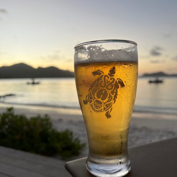 Glass of beer at Anse Lazio. Seychelles, Vallée De Mai and Anse Lazio