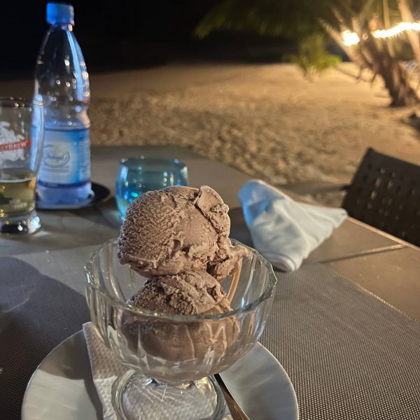 Ice cream served at Anse Lazio. Seychelles, Vallée De Mai and Anse Lazio