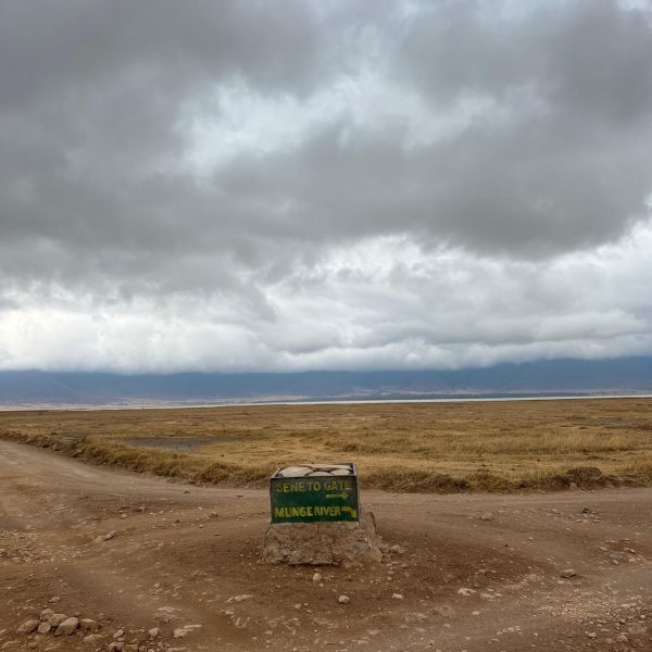 Road marker at Ngorongoro Sanctuary, Tanzania. The Ngorongoro crater
