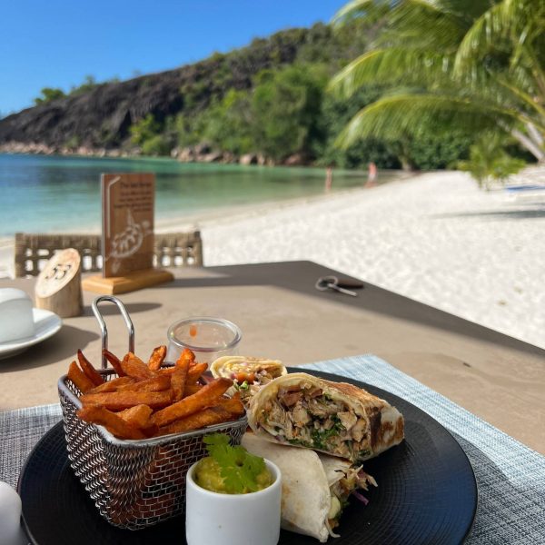 Food served in Anse Source D_Argent, Seychelles. The best beach in the World & rip drone