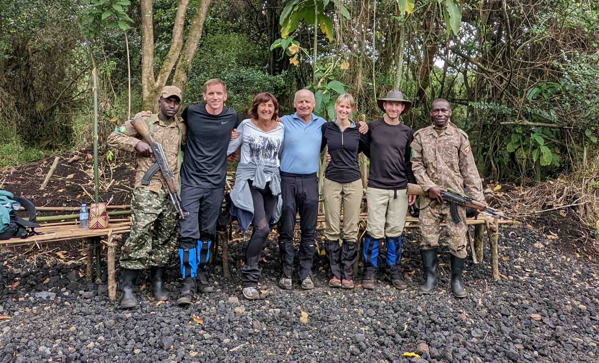 David Simpson, mom, dad, friends and rangers at Mgahinga National Park in Uganda. Uganda Gorilla trek