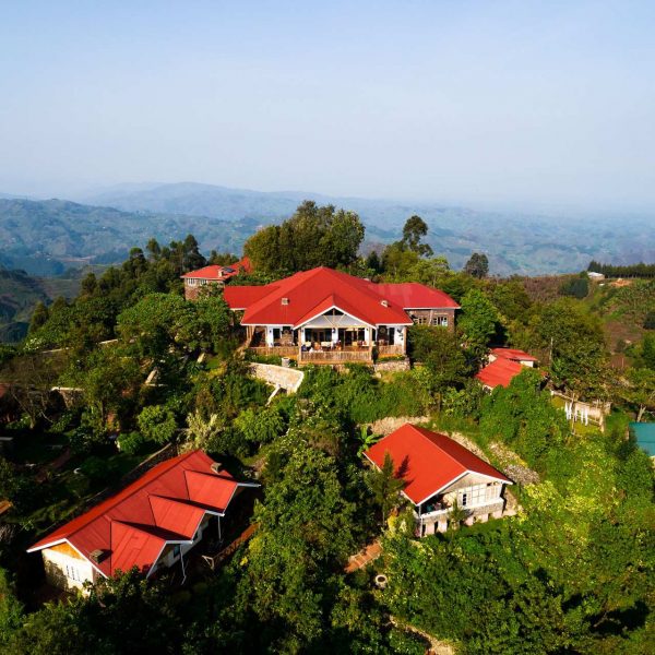 Aerial view of Des Mille Collines Hotel in Uganda. Sh*t scared at the Gorilla habituation experience