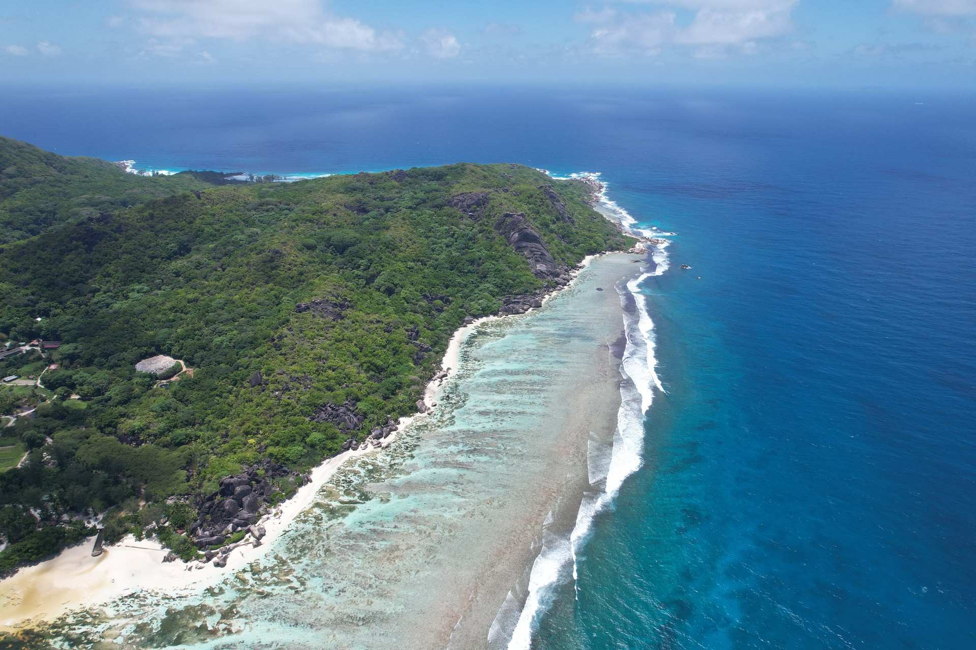 Aerial view of Anse Source D_Argent, Seychelles. The best beach in the World & rip drone