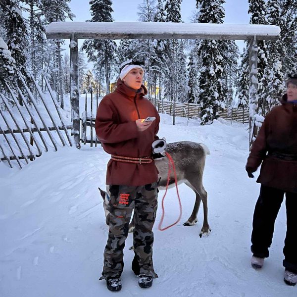 Reindeer handler in Ruka, Finland. Reindeer yoga, vengeance & NYE