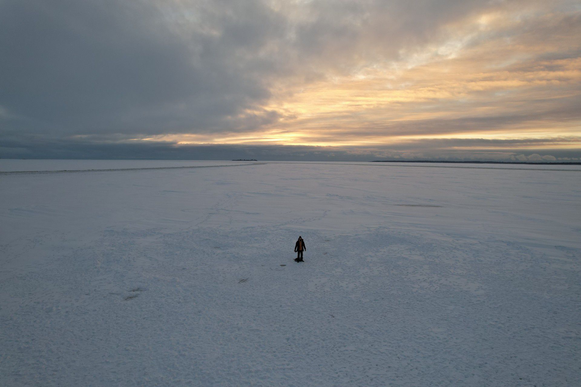 Aerial view of David Simpson standing on ice in Kemi, Finland. The Polar Explorer Icebreaker, Sweden