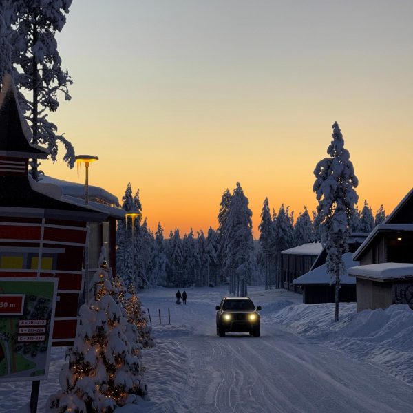 Sunset at Glass resort in Saariselka, Finland. Arriving in Santa Claus Village