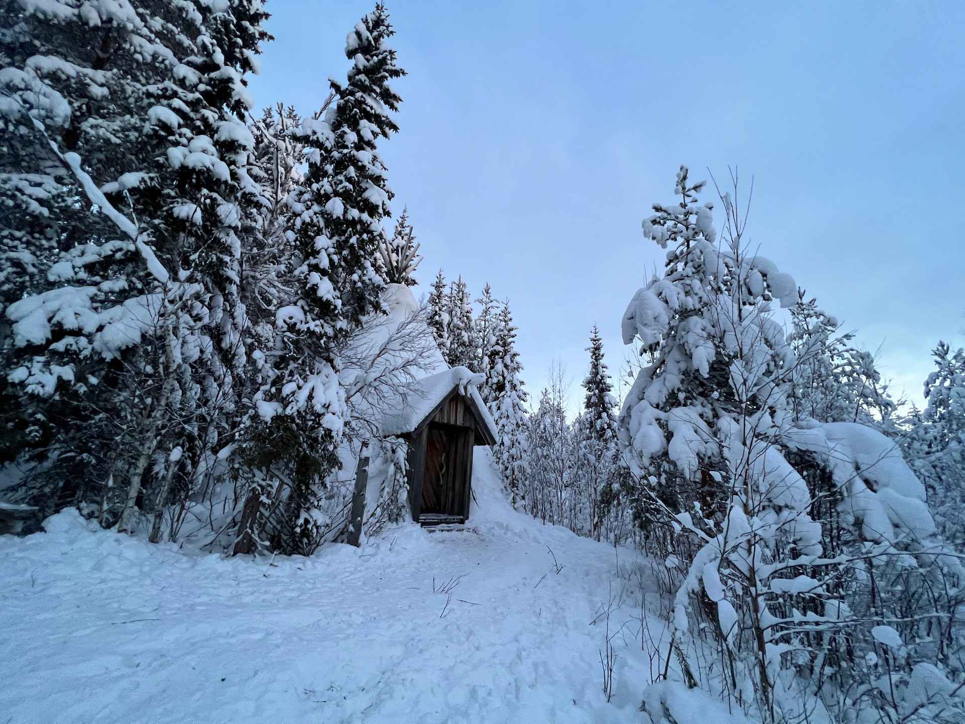 Cabin by the snow covered trees in Rovaniemi, Finland. Christmas Day in Lapland