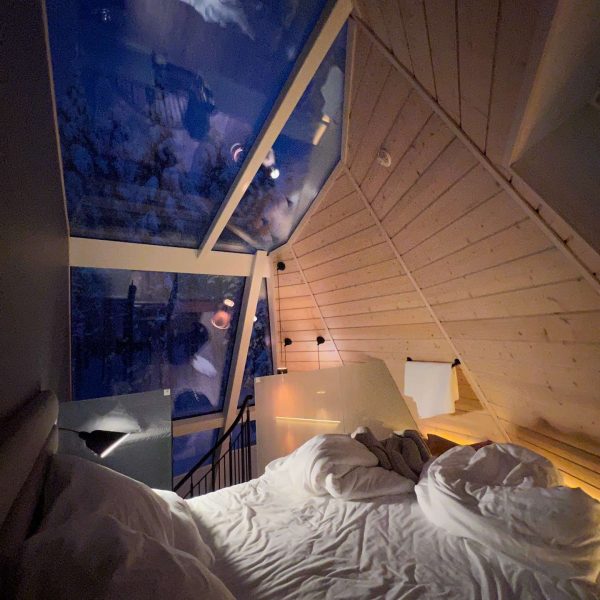Hotel bedroom accommodations in Saariselka, Finland. Arriving in Santa Claus Village