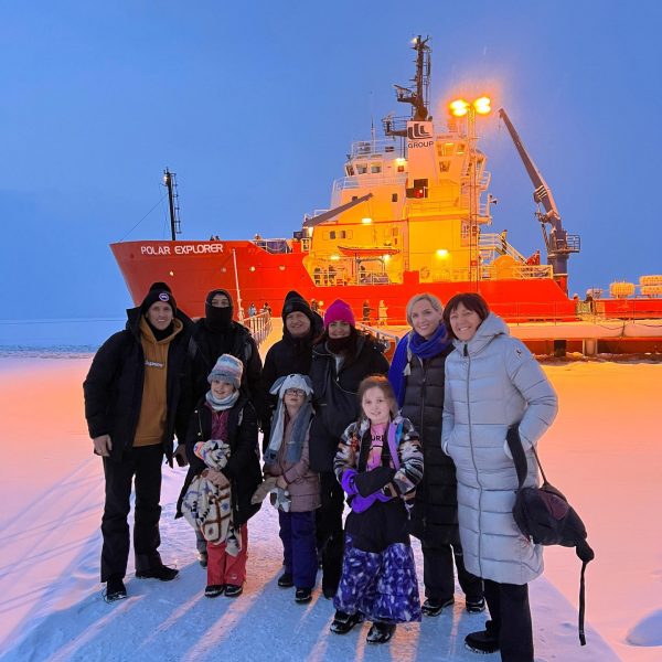 David Simpson and family by the ice breaker ship in Kemi, Finland. The Polar Explorer Icebreaker, Sweden
