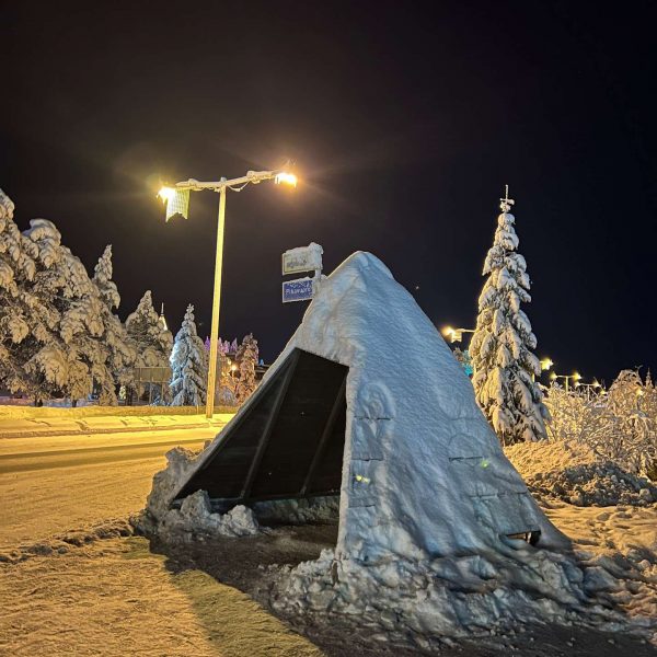 Teepee at night in Rovaniemi, Finland. Christmas Day in Lapland
