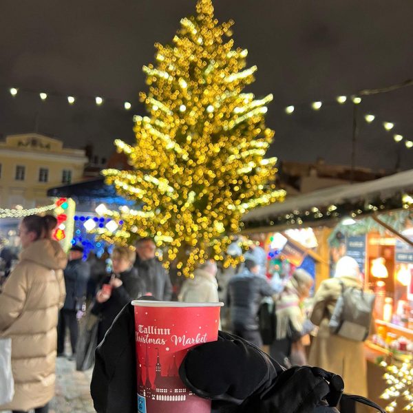People by the Christmas tree and food stalls in Tallinn, Estonia. Day trip to magical Tallinn