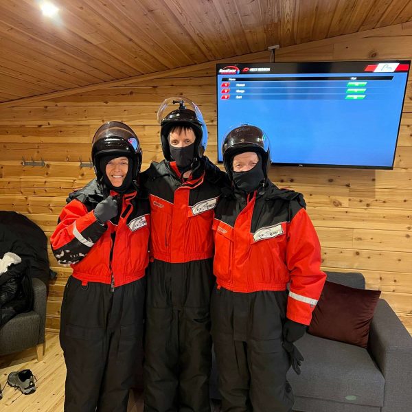 David Simpson with mom and dad in thermal wear in Saariselka, Finland. Frozen karting & husky rides