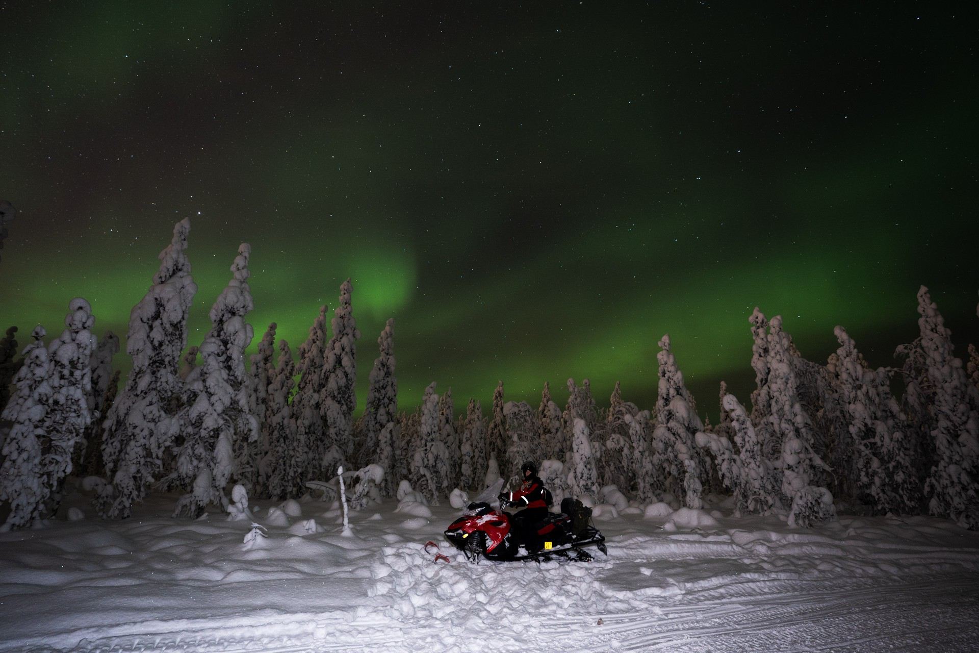 Sister on a snow mobile and the northern lights and snow covered trees in Rovaniemi, Finland. Christmas Day in Lapland