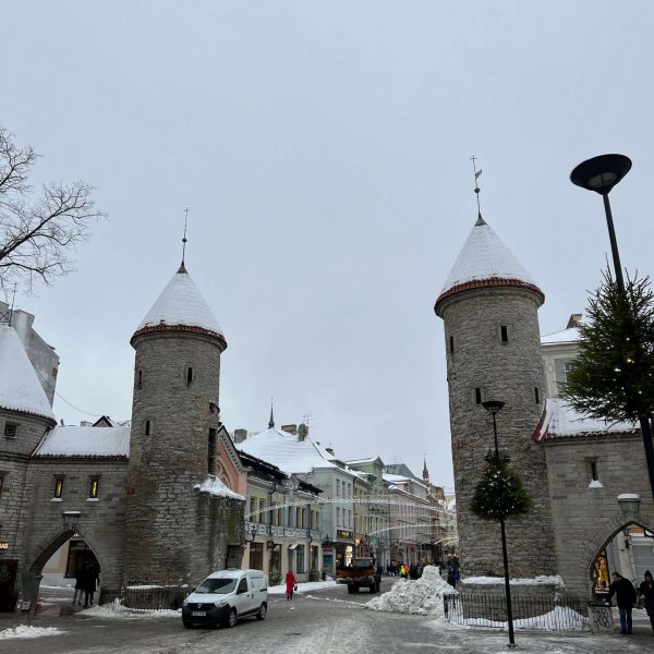 Twin towers in Tallinn, Estonia. Day trip to magical Tallinn