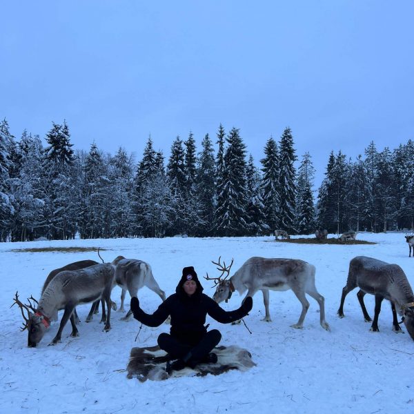 David Simpson doing yoga with reindeers in Ruka, Finland. Reindeer yoga, vengeance & NYE