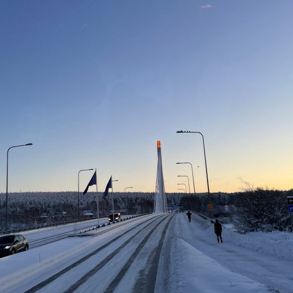 Frozen highway in Saariselka, Finland. Arriving in Santa Claus Village