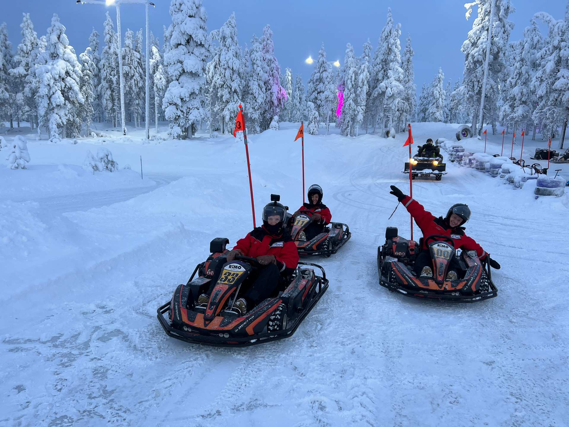 David Simpson with mom and dad ice karting in Saariselka, Finland. Frozen karting & husky rides