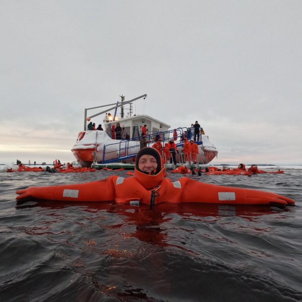 David Simpson floating in water in Kemi, Finland. The Polar Explorer Icebreaker, Sweden