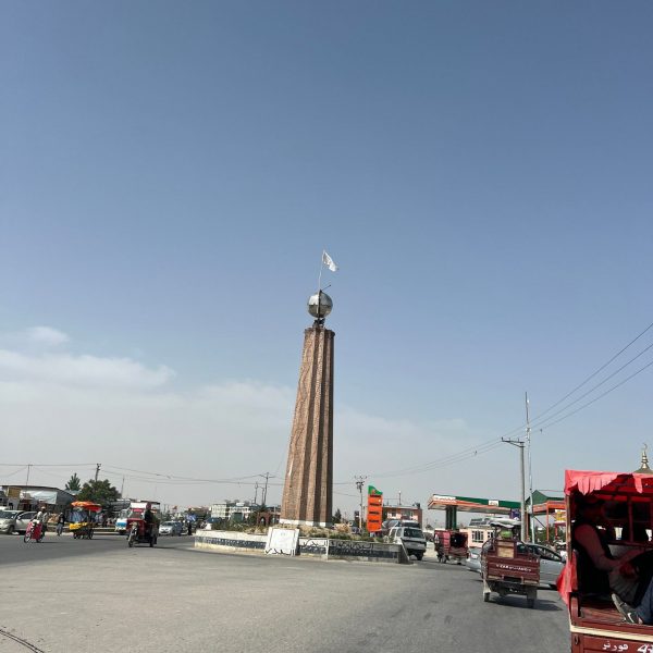 Landmark at roundabout in Kandahar, Afghanistan. Sandstorm, bricks & cramps; Kabul to Kandahar