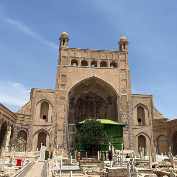 Mosque and courtyard in Herat, Afghanistan. Camels, rolling & sleep ‘n fly