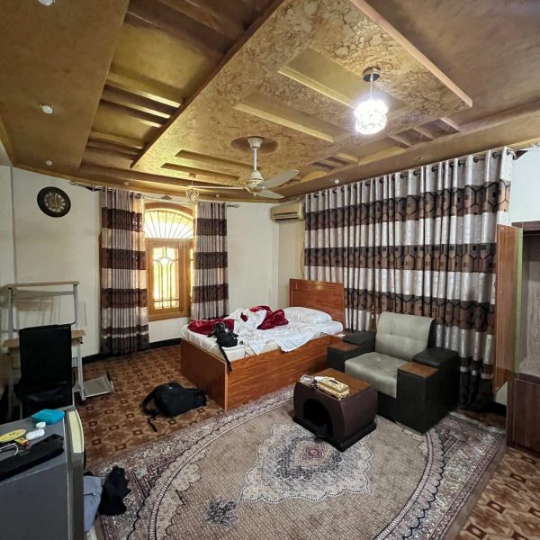 Hotel bedroom accommodations in Kandahar, Afghanistan. Sandstorm, bricks & cramps; Kabul to Kandahar