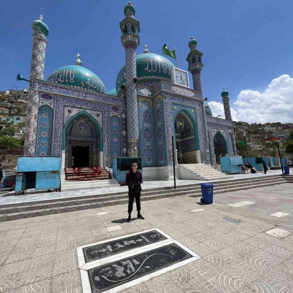 David Simpson and mosque in Kabul, Afghanistan. Reprimanded by the Taliban