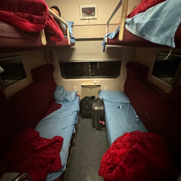 Bunk beds inside cabin of sleeper train in Iraq. Iraqi sleeper train