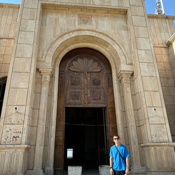 David Simpson and entrance to Saddams palace in Iraq. Saddam’s Palace & old town Baghdad