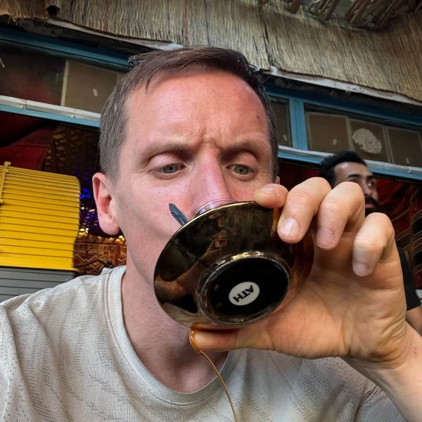 David Simpson drinking tea in Iraq. A tour around Baghdad & the Al Anbar