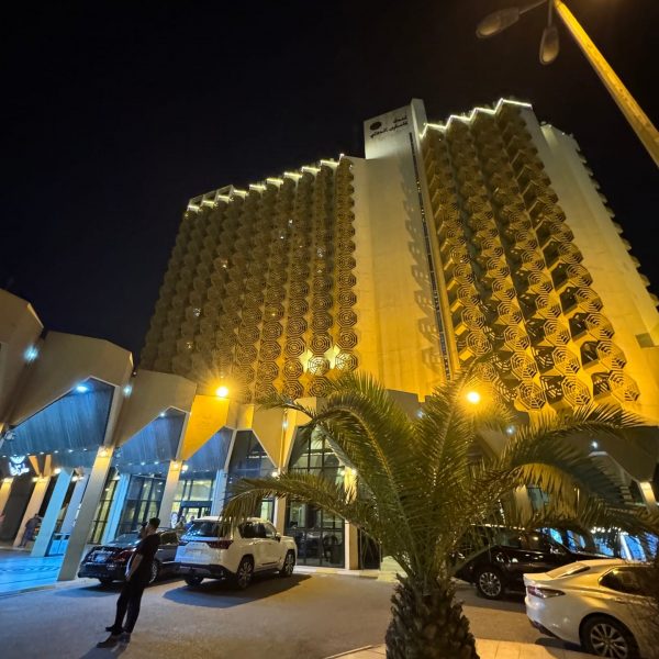 Hotel building at night in Iraq. A tour around Baghdad & the Al Anbar
