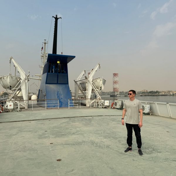 David Simpson at sundeck of Basrah Breeze in Iraq. Private tour of Saddam's yacht