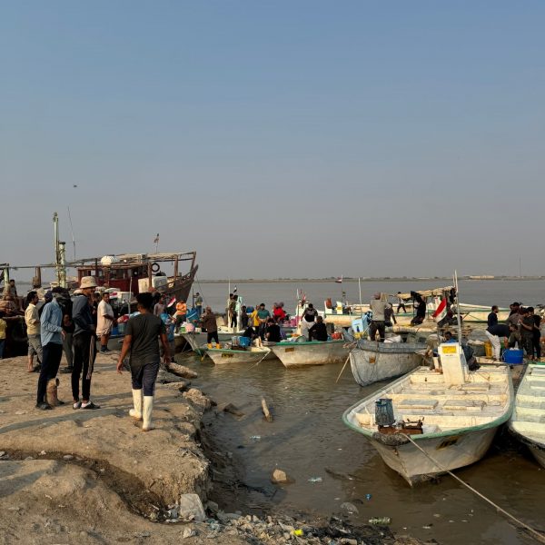 Fishermen and fishing boats at Al Faw fish market in Iraq. Private tour of Saddam's yacht