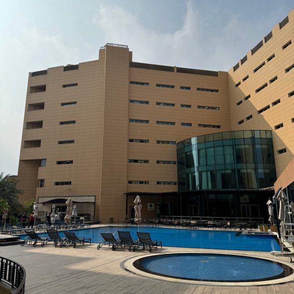 Hotel building and pool in Basra in Iraq. Iraq v Indonesia in Basra