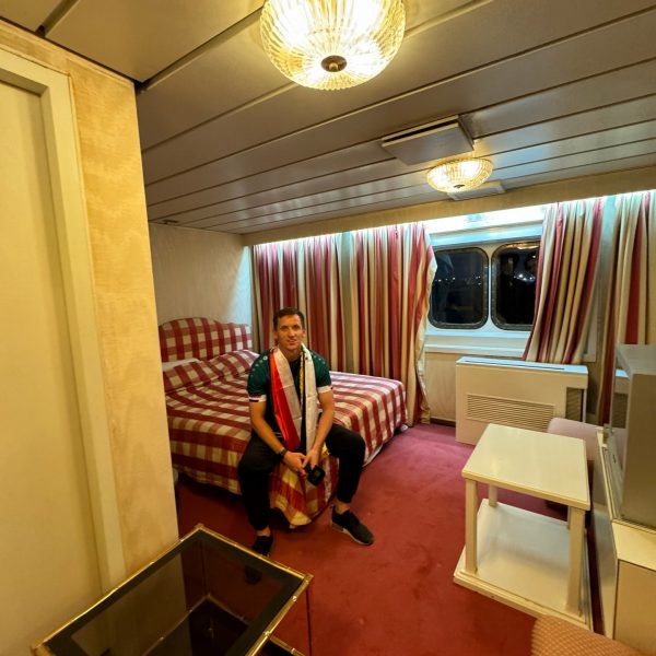David Simpson inside bedroom of Saddam's yacht in Basra in Iraq. Iraq v Indonesia in Basra