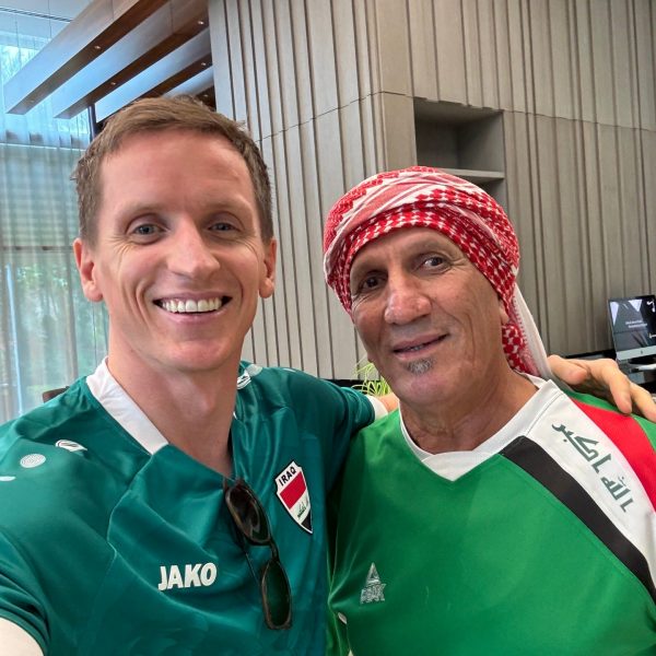 David Simpson and local at stadium in Basra in Iraq. Iraq v Indonesia in Basra