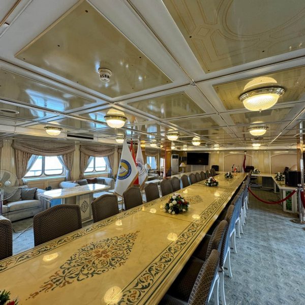 Large dining hall of Basrah Breeze in Iraq. Private tour of Saddam's yacht